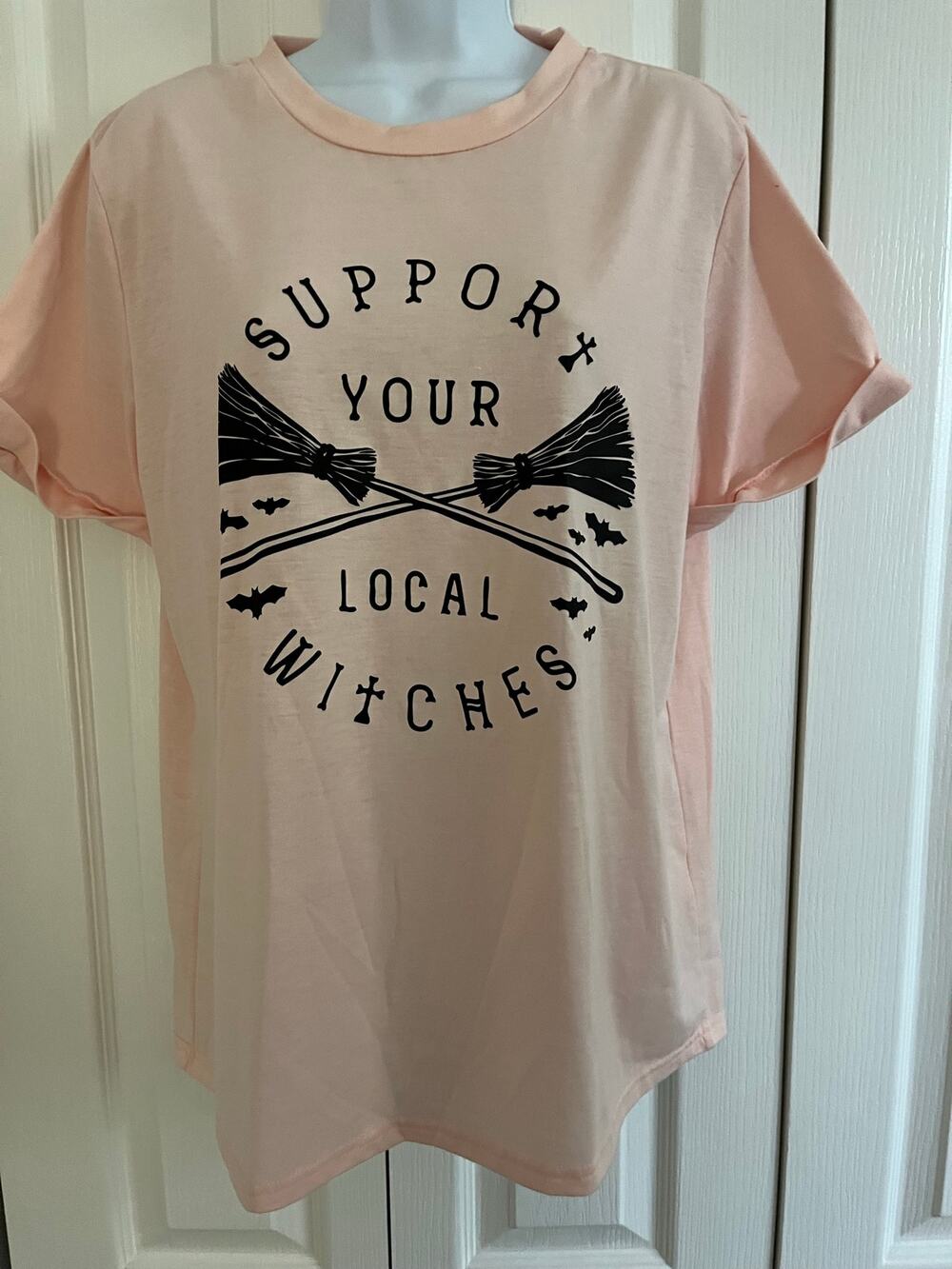 Women’s “Support Your Local Witches” Graphic T-Shirt Halloween Broom Bats M